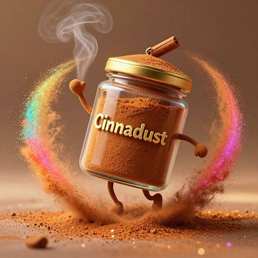 Digital illustration of a whimsical, smoke-emitting jar of cinnamon with arms and legs, running with a rainbow aura, surrounded by floating cinnamon powder.