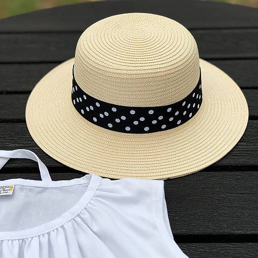Photograph of a beige straw hat with a black polka-dotted ribbon, placed on a black wooden table with a white sleeveless top below.