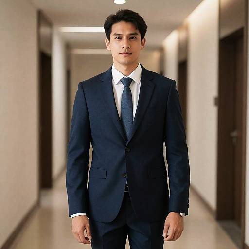 Photograph of an Asian man in a dark navy suit, white shirt, and blue tie, standing in a brightly lit, empty hallway.