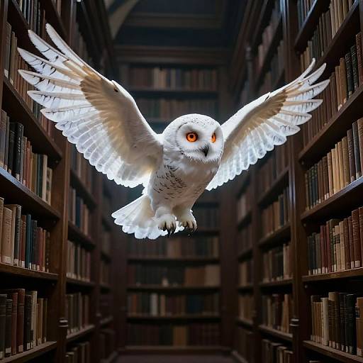 Photograph of a white owl with glowing red eyes, wings spread wide, flying through a dimly lit, endless library aisle filled with bookshelves