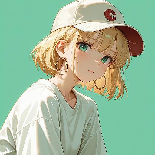 Blonde Girl in Baseball Cap with Aqua Eyes
