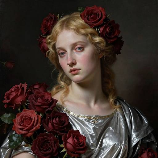 Baroque-style digital painting of a fair-skinned, blonde woman with delicate features, wearing a silver gown, adorned with dark red roses in her hair