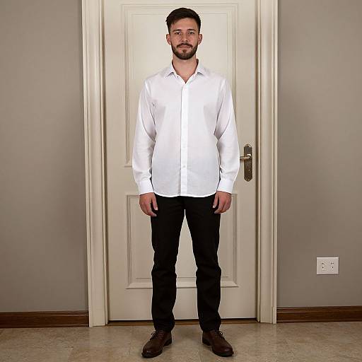 Photograph of a bearded man with short dark hair, wearing a white button-up shirt, black pants, brown shoes, standing in front of a
