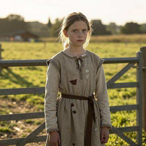 Photograph of a young girl with fair skin and light brown hair, wearing a worn, beige medieval-style dress, standing in a sunlit, grass