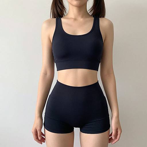 Photograph of an Asian woman with straight black hair, wearing a black sports bra and high-waisted black shorts, standing against a plain white background