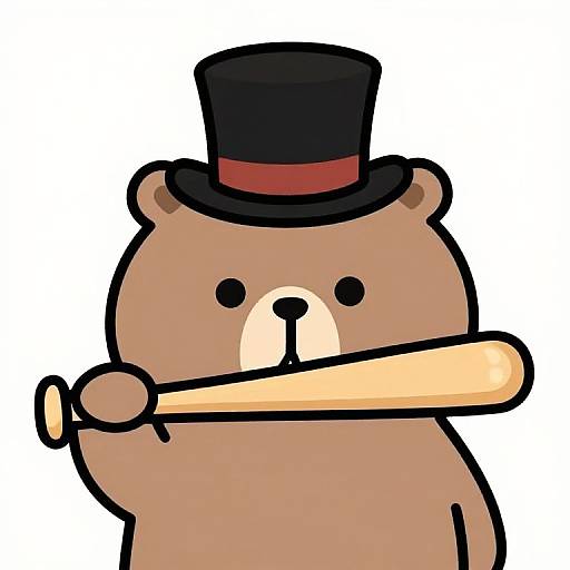 Cartoon brown bear wearing black top hat with red band, holding wooden baseball bat, white background, simple digital art style.