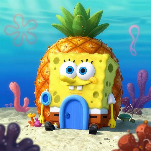 Digital CGI image of SpongeBob SquarePants in pineapple form with blue door, large eyes, and yellow body, standing on sandy ocean floor. Background