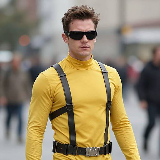 Photograph of a white man with short brown hair, black sunglasses, yellow long-sleeve shirt, black harness, and belt, standing on a