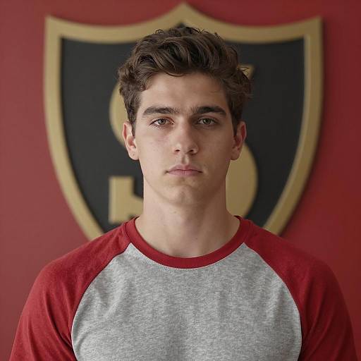 Young Man in Casual Attire Against Bold Wall