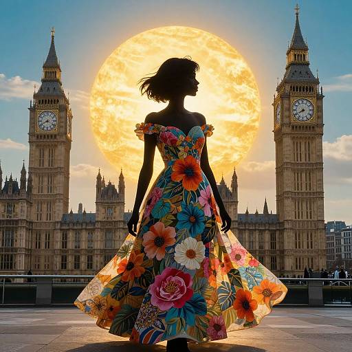 Silhouetted woman in colorful floral dress stands before a glowing full moon, Big Ben and the Houses of Parliament in the background.