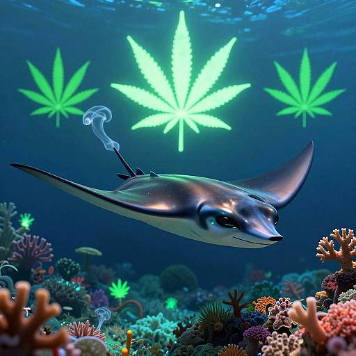 Photorealistic underwater photograph of a flying manta ray with glowing green marijuana leaves above, surrounded by colorful coral reefs.