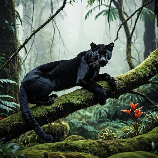 Black Panther on Mossy Tree Branch in Rainforest