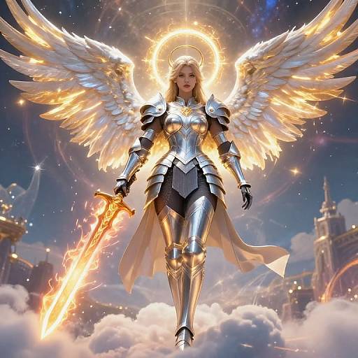 Digital artwork of a radiant, armored angelic warrior with golden wings and halo, holding a flaming sword, standing on clouds against a starry night sky
