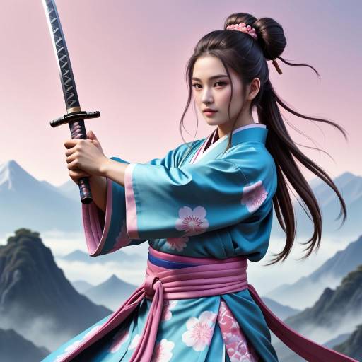Elegant Young Samurai in Pastel Landscape