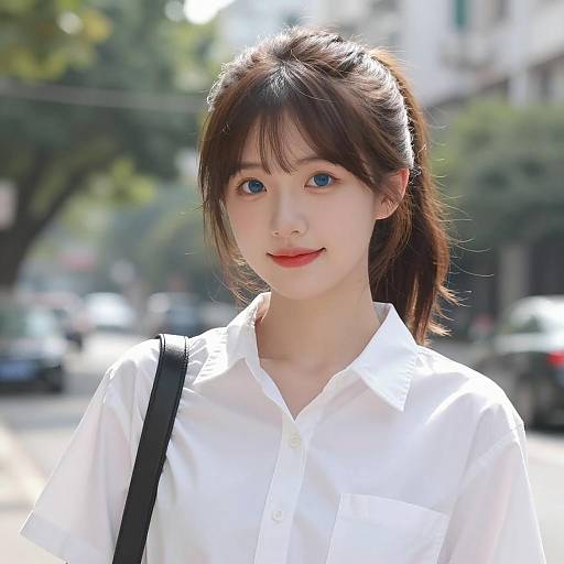 Asian Woman in White Shirt Outdoors