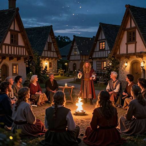 Photograph of a medieval village gathering at dusk, around a fire, with villagers in traditional attire, a musician playing a lute, and quaint,