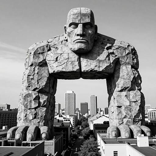 Black-and-white photograph of a massive, stone-like, crouching sculpture with cracked texture, overlooking a modern city skyline with skyscrapers.