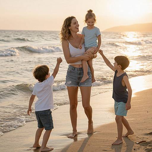 Photograph of a smiling blonde woman in a white tank top and denim shorts, holding a laughing girl in a blue shirt, with two boys in casual
