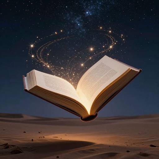 Photograph of an open, glowing book floating in a starry night sky over a desert, with sparkling star trails emanating from the pages.
