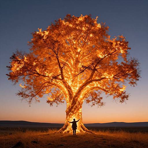 Photograph of a silhouetted person standing under a glowing, fiery tree against a twilight sky, with orange flames illuminating the tree and dark