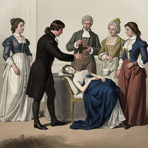 18th-century painting: A man in black coat and breeches bends over a reclining woman in blue dress, as four women in period dresses observe