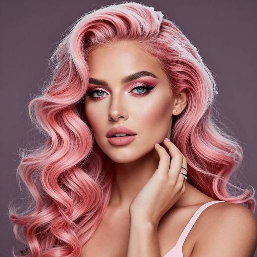 Photorealistic portrait of a woman with long, wavy pink hair, blue eyes, pink eyeshadow, light pink lipstick, and a white