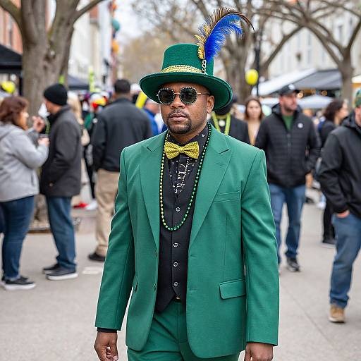 Photograph of a Black man in a green suit, bow tie, green hat with blue feather, and sunglasses, standing in a crowded street during a