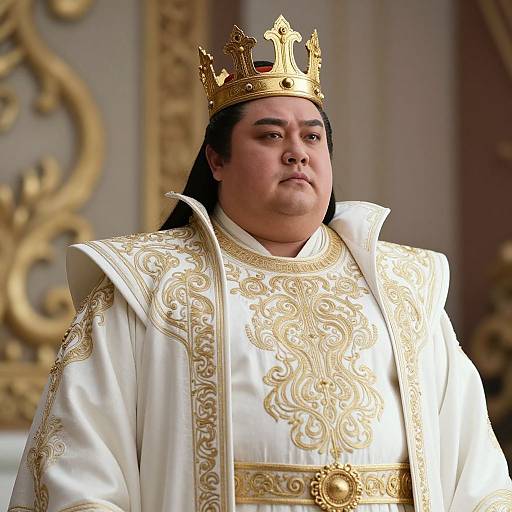 Photograph of a heavyset Asian man with long black hair, wearing a gold crown and ornate white and gold royal robes, standing in an op
