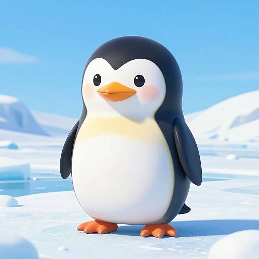 Cute 3D CGI cartoon penguin with black and white feathers, orange beak and feet, standing on snowy ice against a bright blue sky