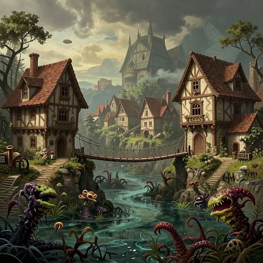 Fantasy digital painting: medieval village with two timber-framed houses, a rickety bridge over a murky, plant-infested river, and a