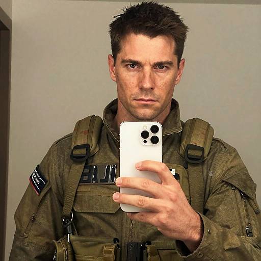 Photograph of a serious-looking, short-haired male soldier taking a mirror selfie in a neutral-colored room, wearing an olive green tactical uniform with a backpack