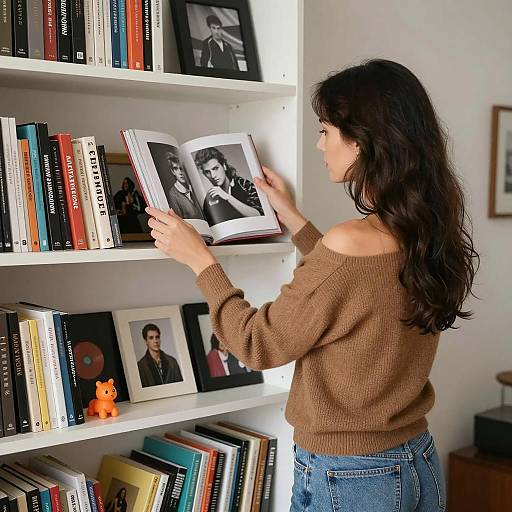 Woman Reaching for Photo Album on Bookshelf