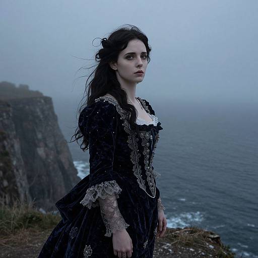 Photograph of a pale, dark-haired woman in a Victorian-style black dress with lace, standing on a foggy cliff overlooking the ocean.