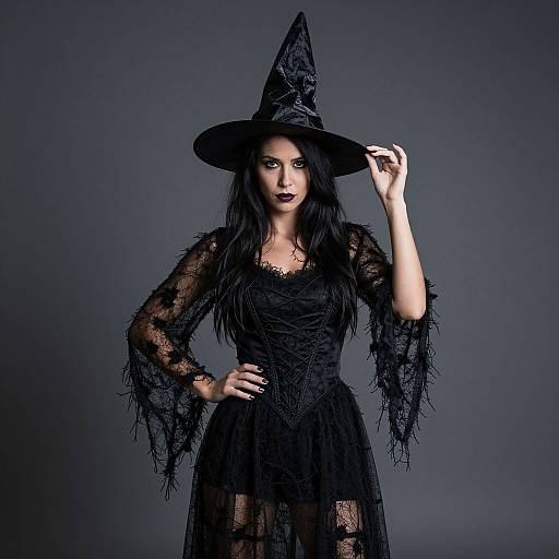 Photograph of a dark-haired woman in a black lace witch dress and pointed hat, holding the hat's brim with a confident smile against a gradient