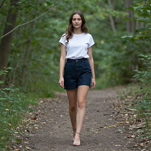 Photograph of a young woman with long brown hair, wearing a white t-shirt, black high-waisted shorts, and sandals, walking down a