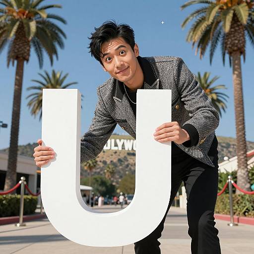 Man Holding Large Letter U in Hollywood