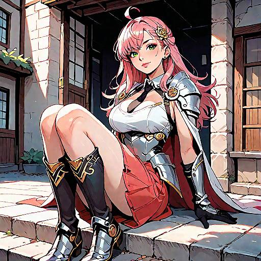 Pink-Haired Armored Swordswoman Sitting in Town