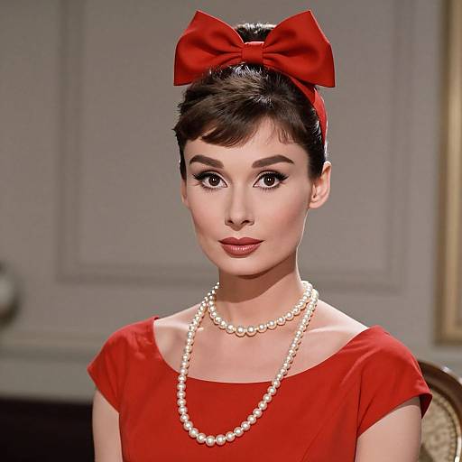 Vintage-style photograph of a young woman with short dark hair, wearing a red bow, red dress, pearl necklace, and red lipstick.