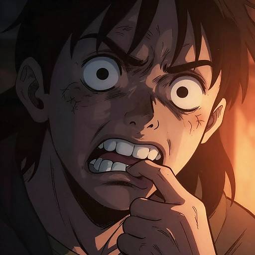 Digital anime-style drawing of a scared, wide-eyed, dark-haired person biting their finger, illuminated by a fiery orange background.