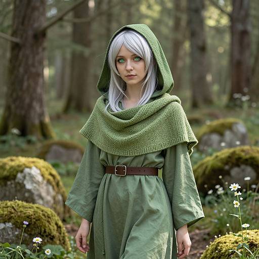 Digital art of a pale-skinned, green-eyed woman with silver hair, wearing a green hooded dress and cloak, standing in a mossy forest