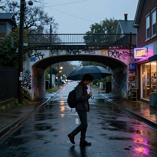 Photograph of a rainy evening street: solitary person in a black umbrella and backpack, walking under a graffiti-covered bridge. Neon sign and wet pavement reflect