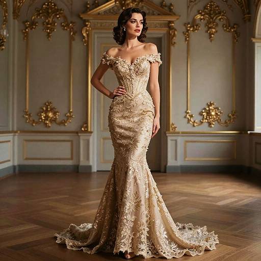 Photograph of a dark-haired woman in an off-shoulder, gold, lace-embellished, mermaid-style evening gown standing in an