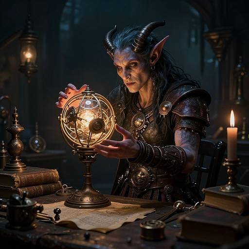 A demonic figure with black horns and pointed ears, in dark, metallic armor, holds a glowing globe lamp in a dimly lit, medieval study.