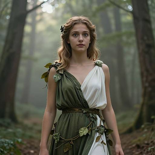 Photograph of a young woman with wavy brown hair, wearing a green and white dress adorned with leaves, standing in a misty forest. Eth