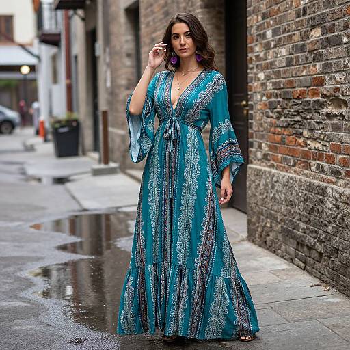 Photograph of a brunette woman in a blue, patterned, V-neck maxi dress with wide sleeves, standing on a wet, urban alleyway beside