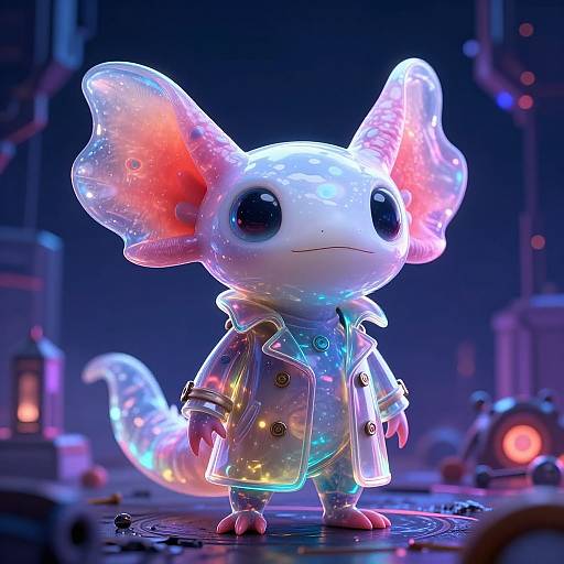 Glowing, neon-blue, anthropomorphic mouse-like creature with translucent ears, large eyes, and a futuristic coat, standing in a vibrant, sci