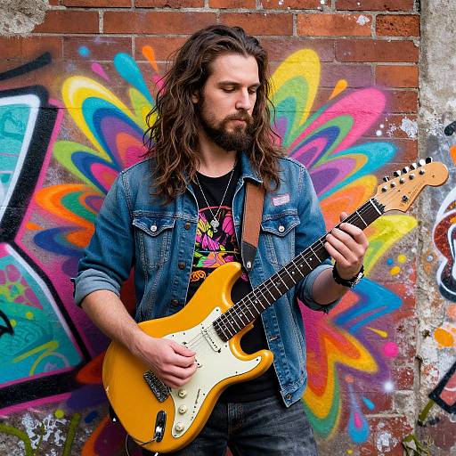 Photograph of a long-haired bearded man with a denim jacket playing a yellow electric guitar against a vibrant graffiti-covered brick wall.