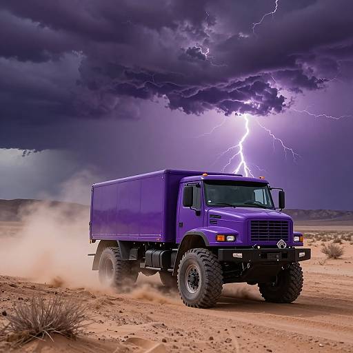 Photograph of a powerful purple off-road truck with large tires, driving through a desert under a dramatic, lightning-filled purple storm sky.