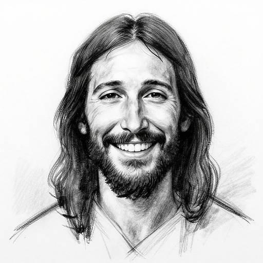 Black-and-white sketch of a smiling Jesus with long, wavy hair, and a beard, featuring detailed facial features and simple clothing.
