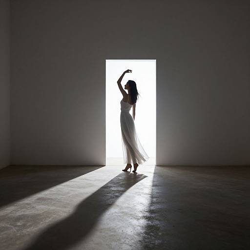 Silhouetted woman in flowing dress, arm raised, stands in bright doorway casting long shadow on concrete floor; dramatic, high-contrast photograph.